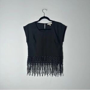 Monteau short sleeve black fringe blouse shirt size xs